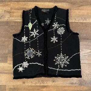 VTG Sweater Vest PS Beaded Ruffle Trim Embroidered Snowflake Holiday Christmas